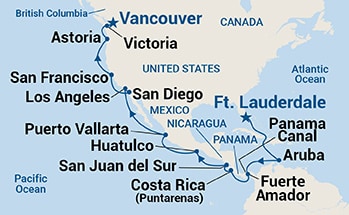 23-Day Panama Canal & Pacific Coast Itinerary Map