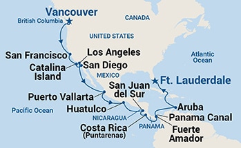 23-Day Panama Canal & Pacific Coast Itinerary Map